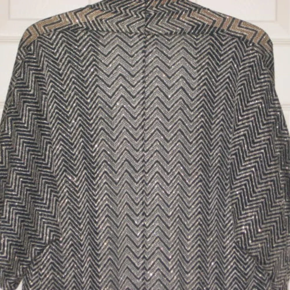 Chicos Size 2 L Open Cardigan Ruana Wrap Sweater Black Gold Metallic Excellent - Picture 9 of 10